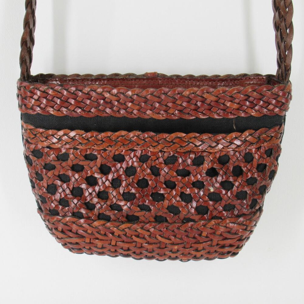 Vintage Aspects Crossbody Handbag S Brown Braided Leather Black Canvas Purse Bag
